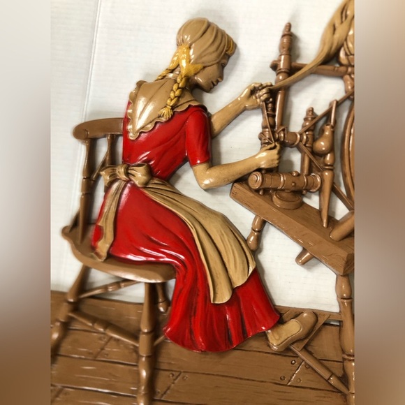 Vtg 70s Girl Spinning Yarn Wall Art - Picture 3 of 15